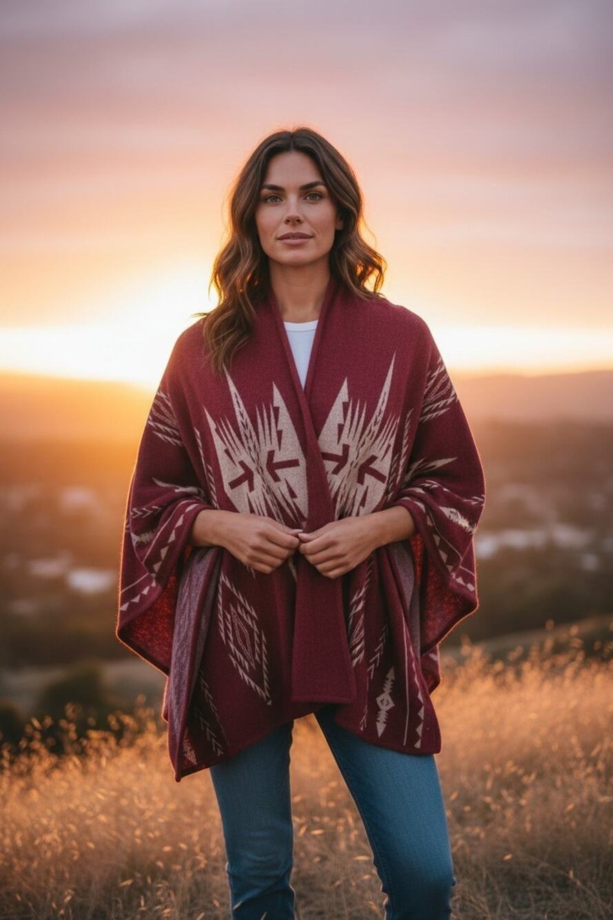 Francesca's Southwest print open-front red poncho wrap shawl, one size fits all